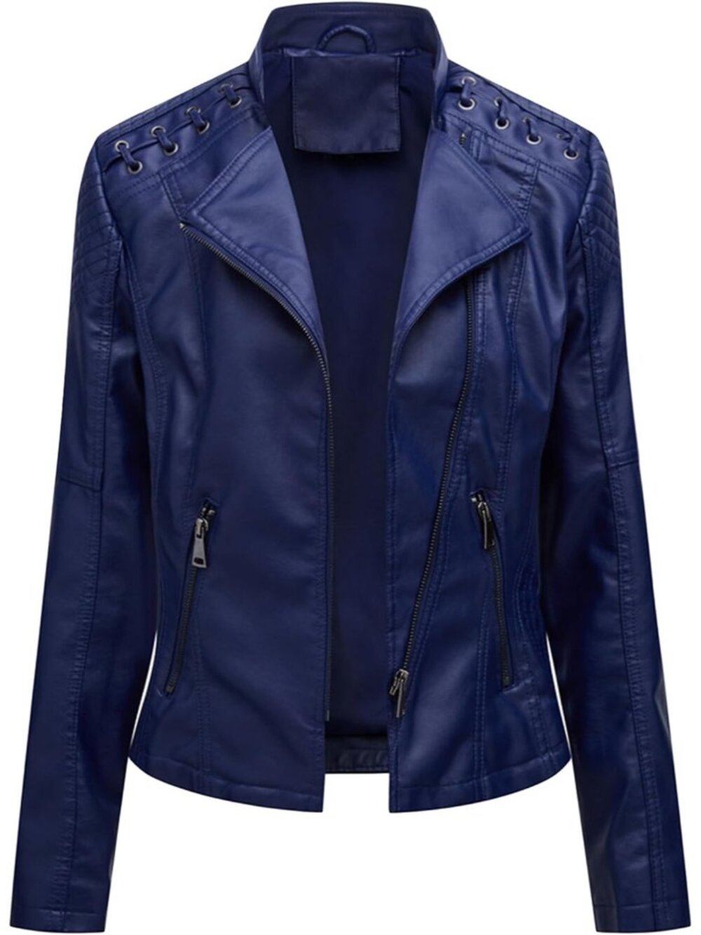 Women’s Lapel Navy Blue Faux Leather Zip Up Moto Biker Jacket Short Slim Fit Coa